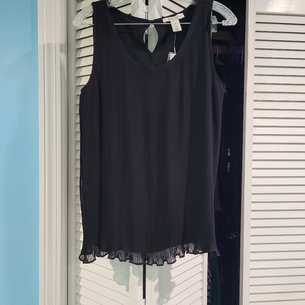 White House Black Market Black Textured Sleeveless Blouse with Ruffle Hem